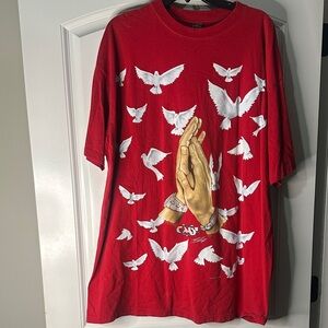 Red Graphic T-Shirt with Doves and Praying Hands